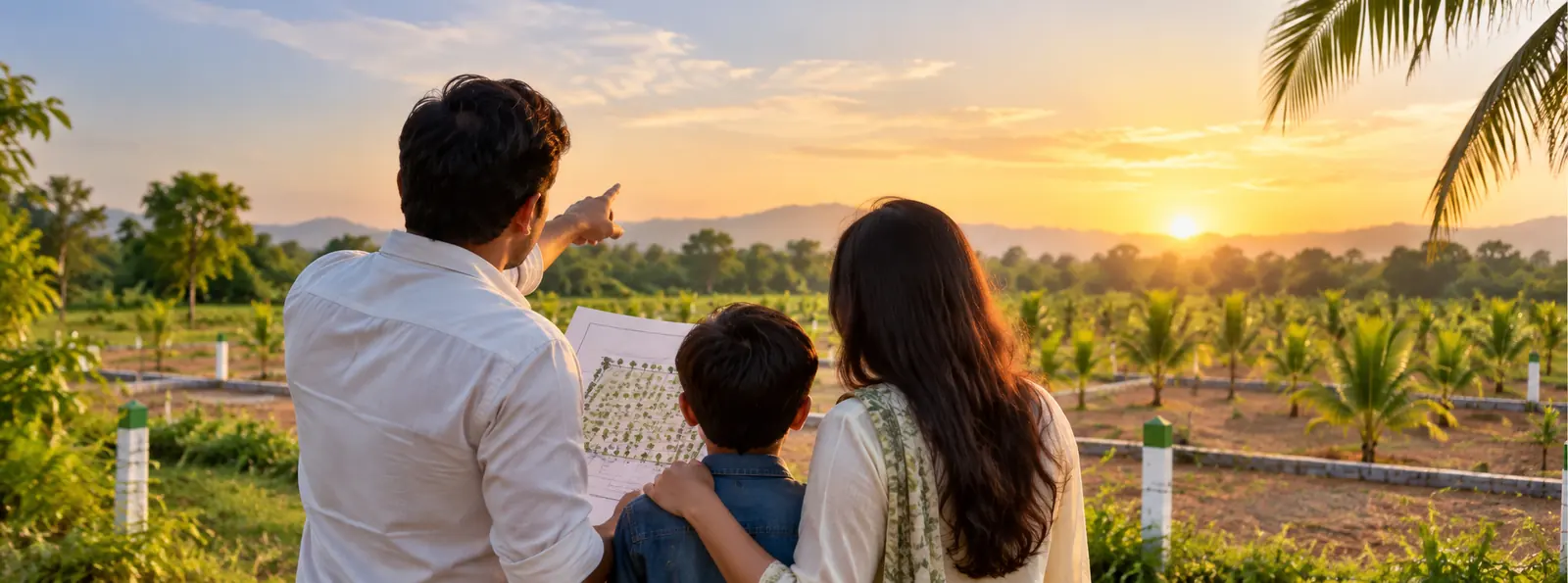 Family looking over farmland